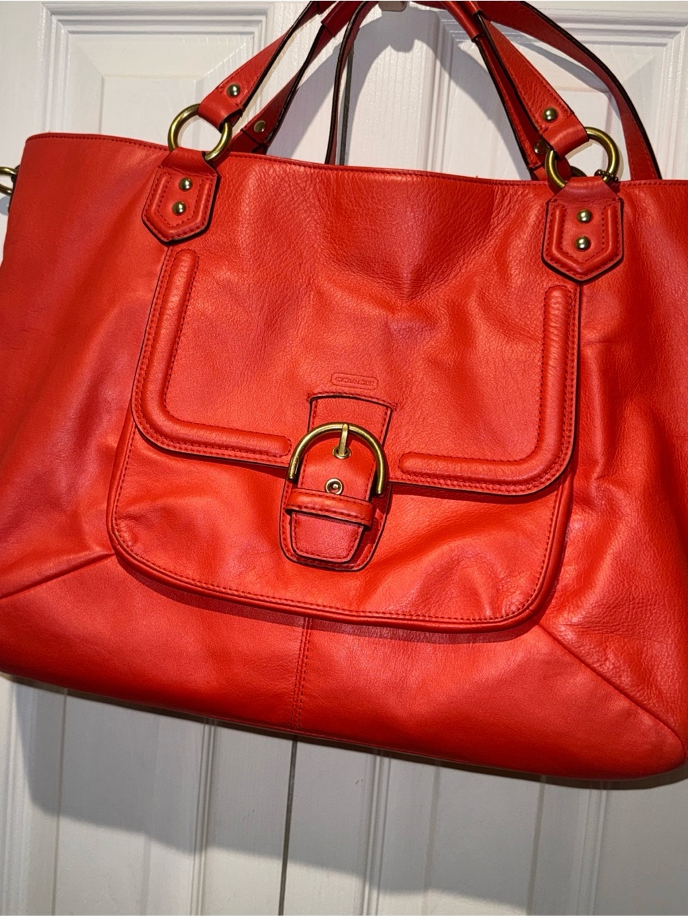 Coach Bright Red Leather Buckle-Front Tote
